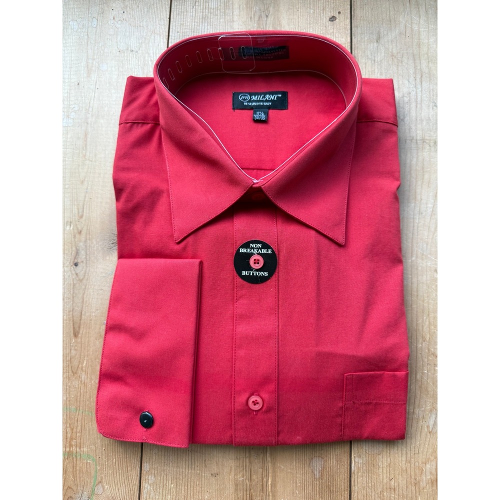 Milani Mens Red Long Sleeve Dress Shirt French Cuff Point Collar 17.5 34/35